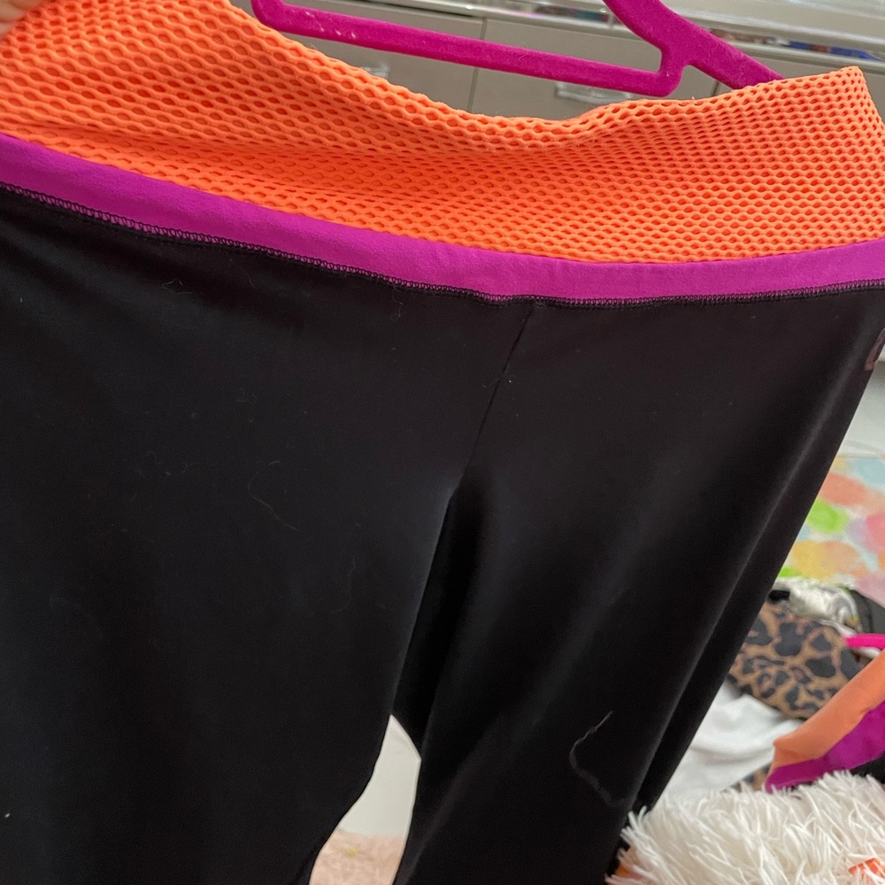 Lane Bryant Black Leggings with Orange Mesh Waistband and Pink Trim